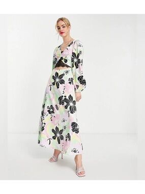 ASOS DESIGN Floral Maxi Dress Pastel Print Long Sleeve Statement Dress Women’s S